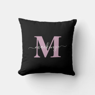 Modern Black and Purple Elegant Monogram Name Cushion