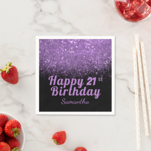 Modern Black and Purple Glitter Any Age Birthday Napkin