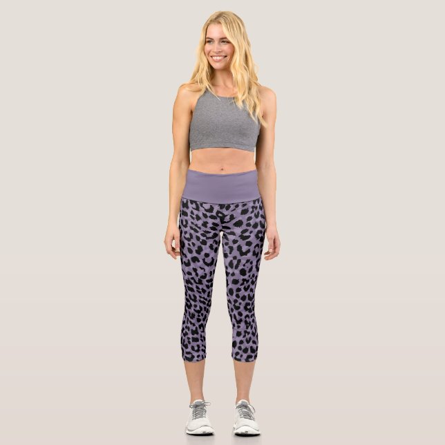 Modern Black and Purple Leopard Print Capri Leggings (Front)