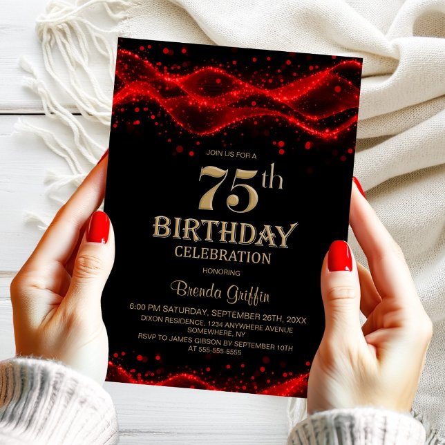 Modern Black and Red 75th Birthday Party Invitation (Creator Uploaded)