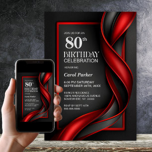 Modern Black and Red 80th Birthday Party Invitation
