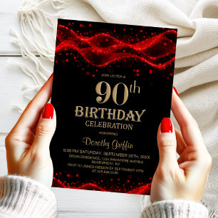 Modern Black and Red 90th Birthday Party Invitation