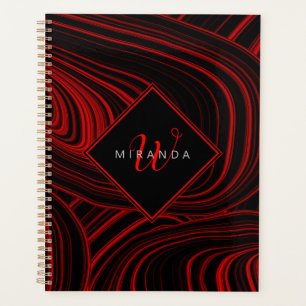 Modern Black and Red Abstract Monogrammed Planner