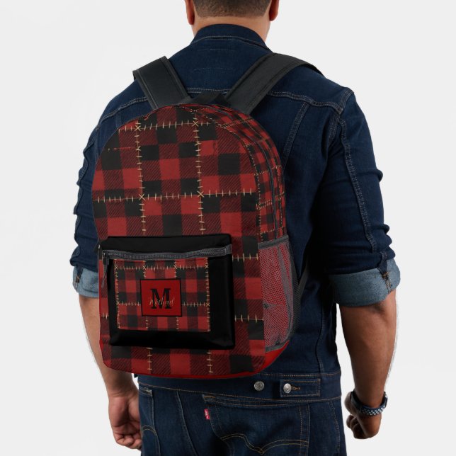 Modern Black and Red Buffalo Plaid Monogram Name  Printed Backpack (Insitu (Model))