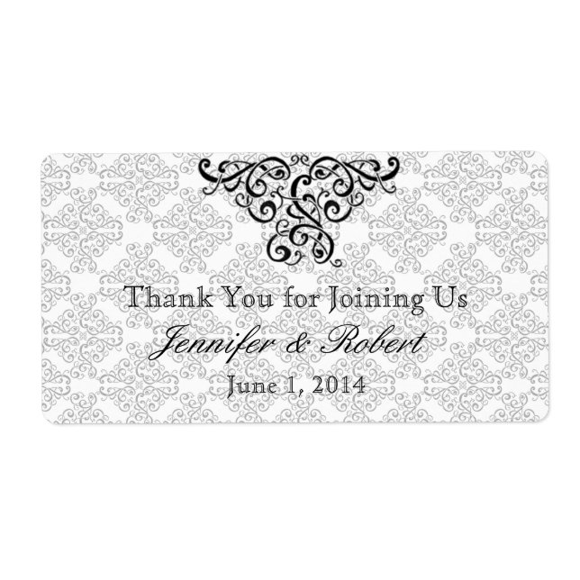 Modern Black and Red Damask Water Bottle Label (Front)