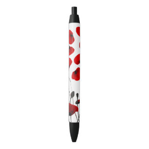 Modern Black and Red Flowers and Petals Ink Pen