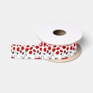 Modern Black and Red Flowers and Petals Satin Ribbon