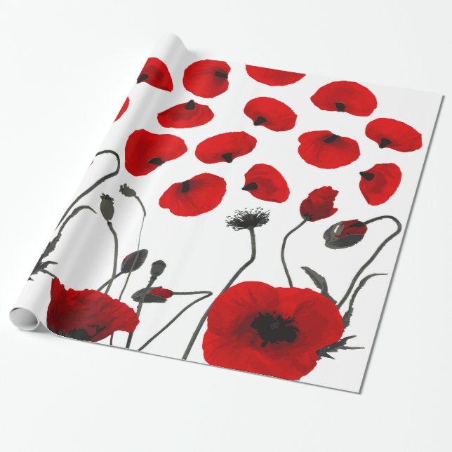Modern Black and Red Flowers and Petals Wrapping Paper (Unrolled)