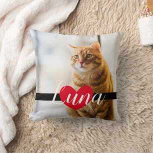 Modern Black and Red Heart Photo Cat Memorial Cushion