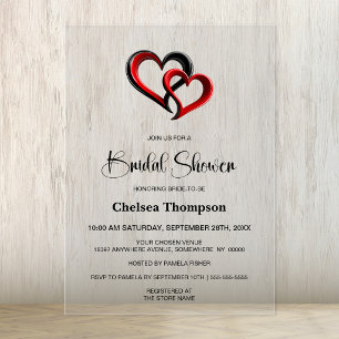 Modern Black and Red Hearts Bridal Shower Acrylic Invitations