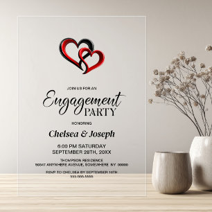 Modern Black and Red Hearts Engagement Party Acrylic Invitations