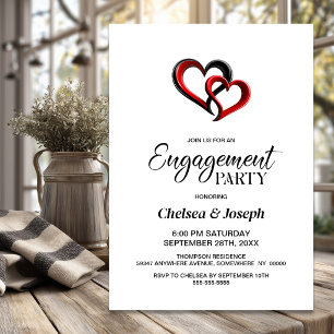 Modern Black and Red Hearts Engagement Party Invitation