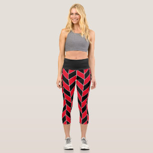 Modern Black and Red Herringbone Chevron Pattern Capri Leggings