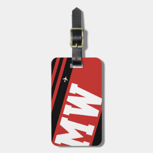 modern black and red monogrammed luggage tag