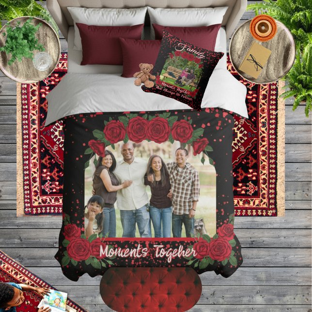 Modern Black and Red Roses Family Photo Typography Sherpa Blanket (Personalized modern black sherpa blanket with red roses and an elegant arch for your family photo)