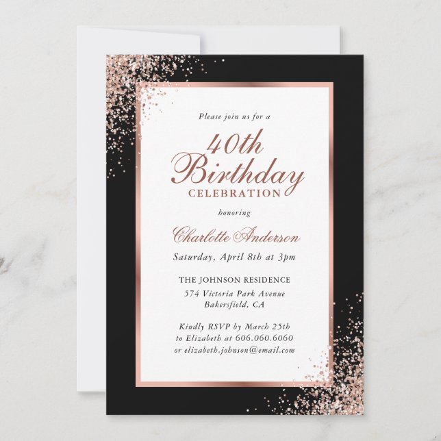 Modern Black and Rose Gold Confetti 40th Birthday Invitation (Front)