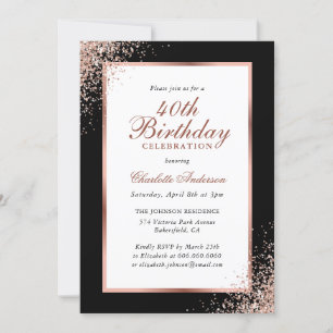 Modern Black and Rose Gold Confetti 40th Birthday Invitation