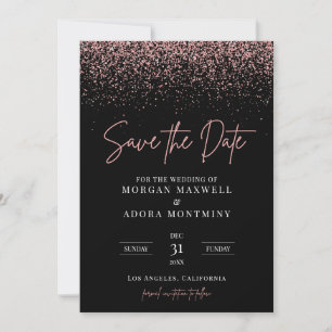 Modern Black and Rose Gold Glitter Wedding Save The Date