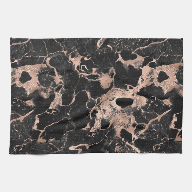 Modern Black and Rose Gold Marble Pattern Tea Towel (Horizontal)
