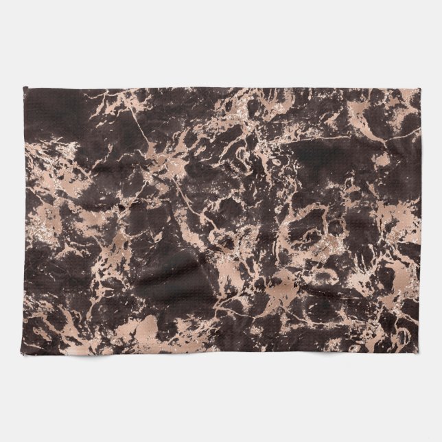 Modern Black and Rose Gold Marble Pattern Tea Towel (Horizontal)