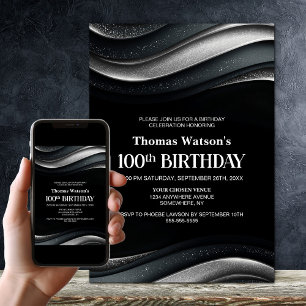 Modern Black and Silver 100th Birthday Party Invitation