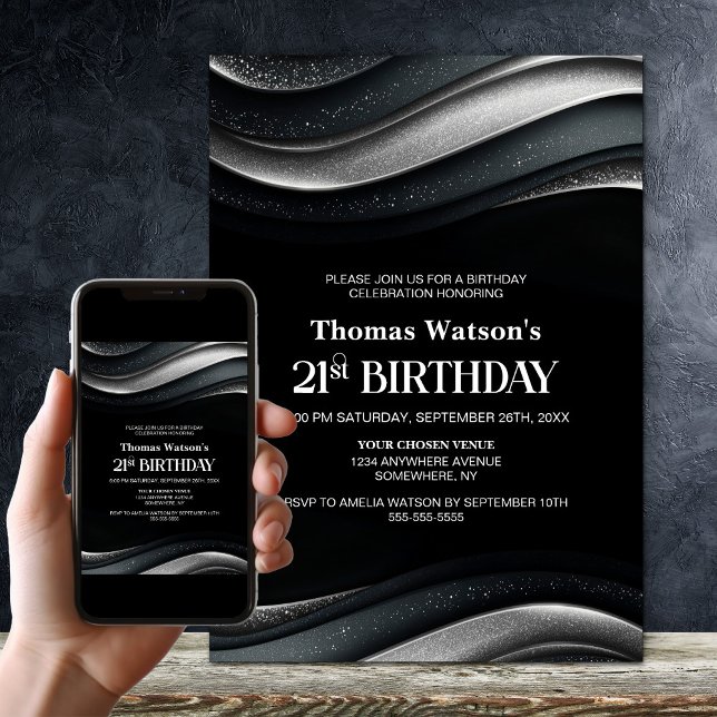 Modern Black and Silver 21st Birthday Party Invitation (Creator Uploaded)