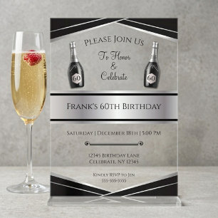 Modern Black and Silver 60th Birthday Him Acrylic Invitations