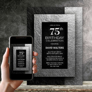 Modern Black and Silver 75th Birthday Party Invitation