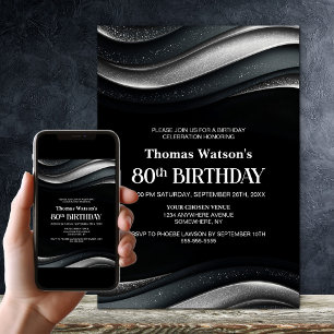 Modern Black and Silver 80th Birthday Party Invitation