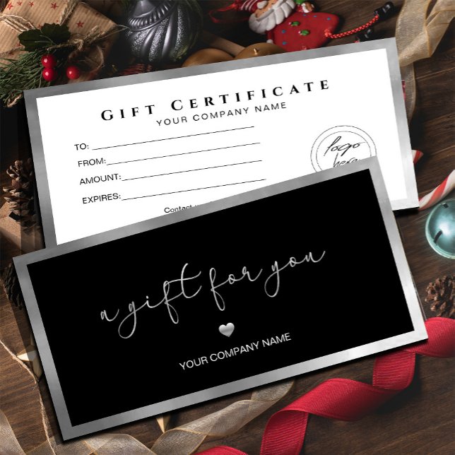 Modern Black And Silver Add Logo Gift Certificate (#giftcertificate #silverframegiftcard #giftcard #Christmas #holiday #newyear #caligraphic #silvfoil )