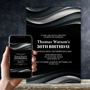 Modern Black and Silver Any Age Birthday Party Invitation