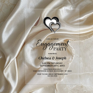 Modern Black and Silver Hearts Engagement Party Acrylic Invitations