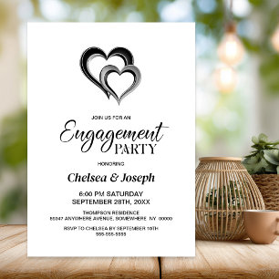 Modern Black and Silver Hearts Engagement Party Invitation