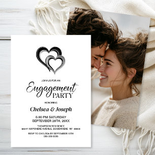 Modern Black and Silver Hearts Engagement Party Invitation