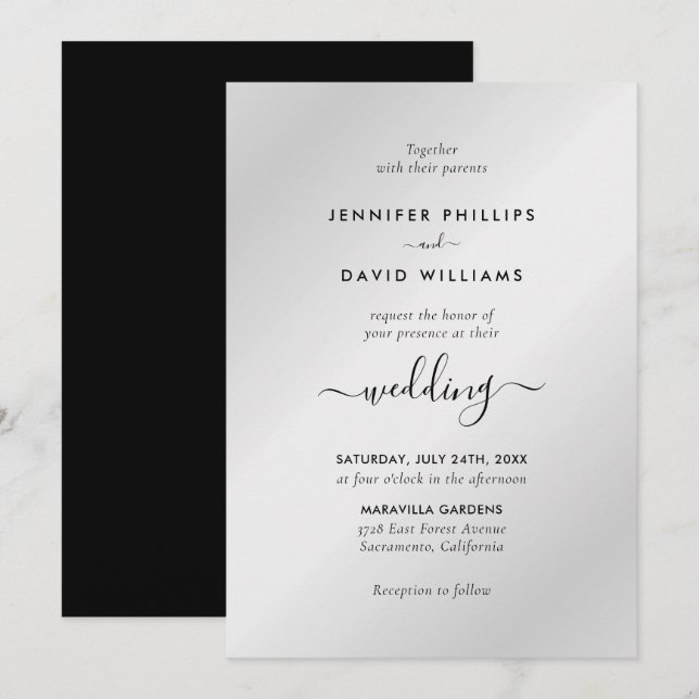 Modern Black and Silver Minimalist Script Wedding Invitation (Front/Back)