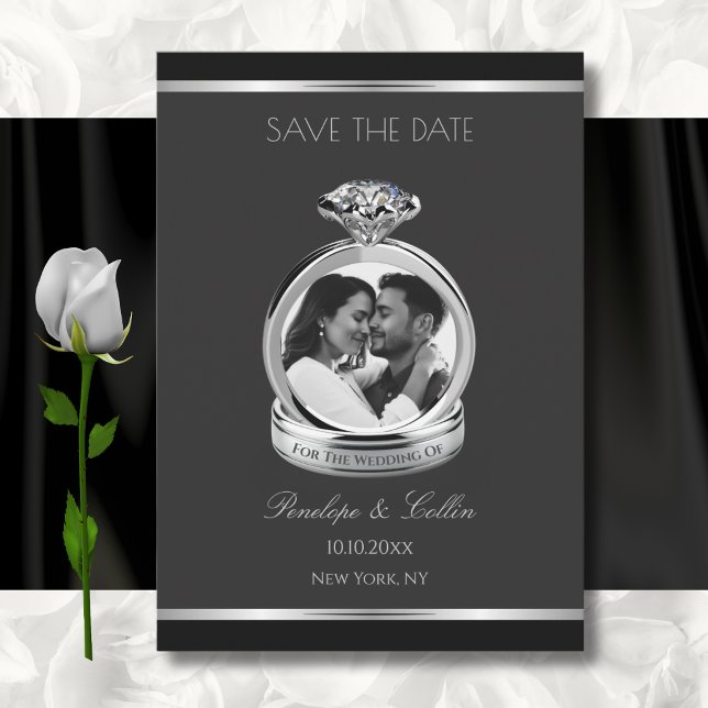 Modern Black and Silver Ring Photo Save the Date (tic elegant black evening wedding save the date announcement with silver diamond ring.)