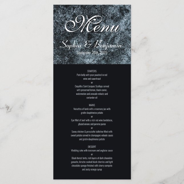 Modern Black and Silver Wedding Menu (Front)