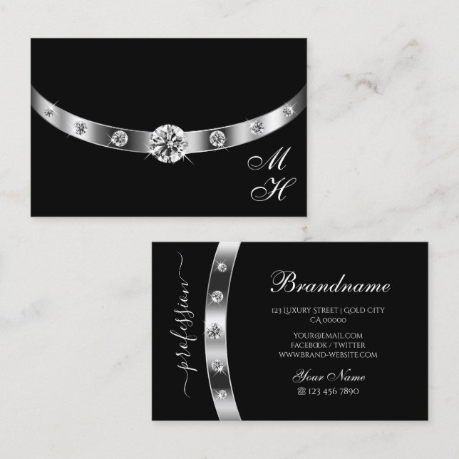 Modern Black and Silver with Monogram Professional Business Card (Front/Back)