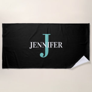 Modern Black And Teal Monogram Personalised  Beach Towel