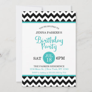 Modern Black and Turquoise Chevron Birthday Party Invitation