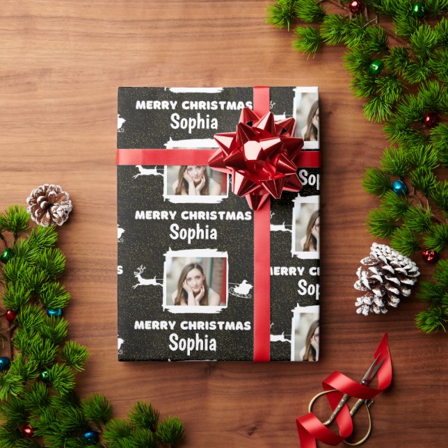 Modern Black and White 1 Photo Merry Christmas Wrapping Paper (Holiday Gift)