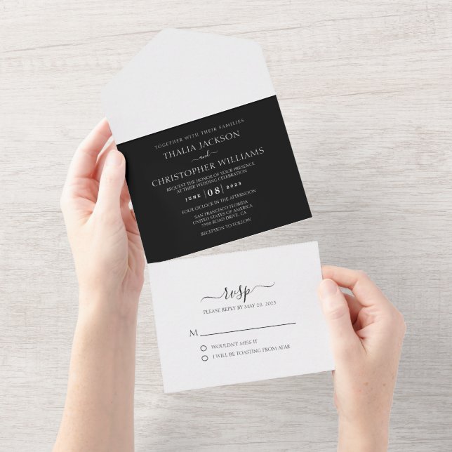 Modern Black and White 2 Photo RSVP Wedding All In One Invitation (Tearaway)