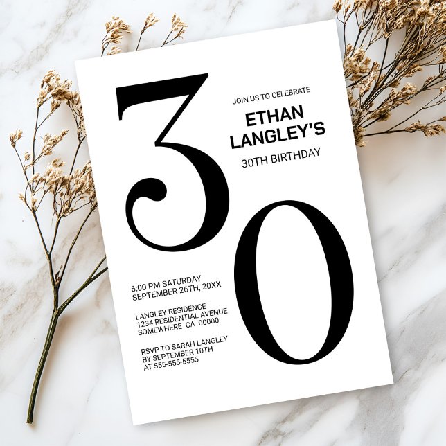Modern Black and White 30th Birthday Party Invitation (Creator Uploaded)