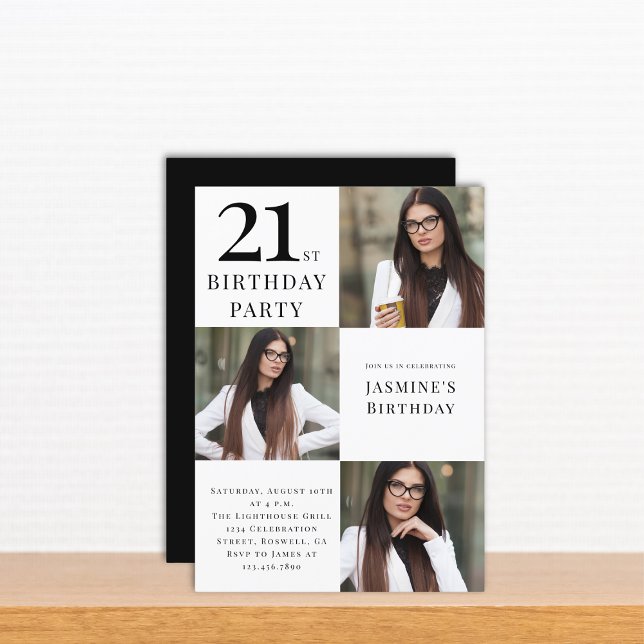 Modern black and white 3 photo 21st birthday  invitation (Creator Uploaded)