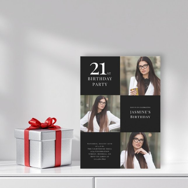 Modern black and white 3 photo 21st birthday  invitation (modern three photo 21st birthday party invitation chic elegance )
