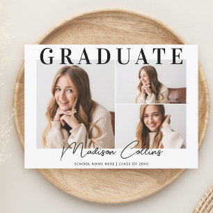 Modern Black and White 3 Photo Graduation Party Invitation