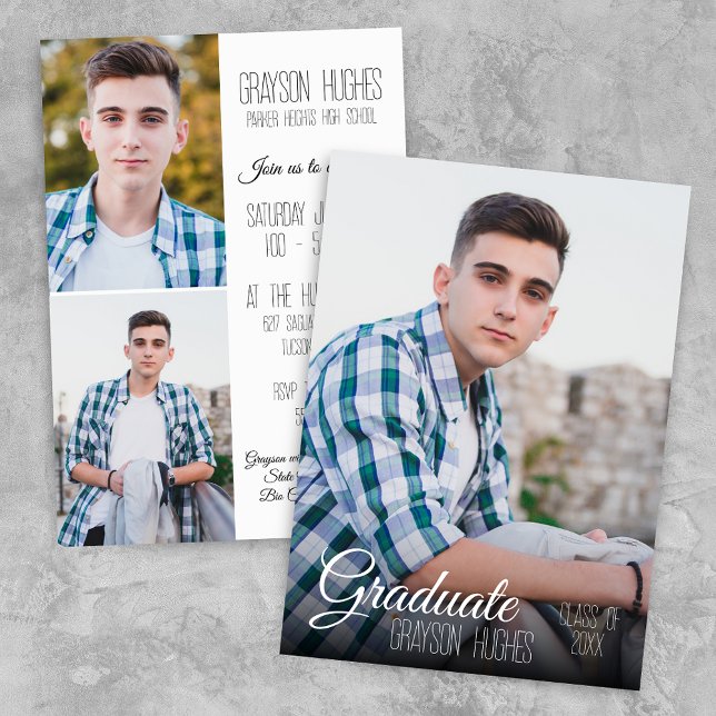 Modern Black and White 3 Photo Stylish Graduation Invitation (Modern Graduation Invitation for Guys or Girls with Script and Trendy Typography)
