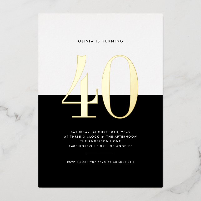 Modern Black and White 40th Birthday Gold Foil (Front)