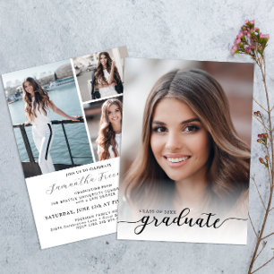 Modern Black and White 4-Photo Graduation Party  Invitation