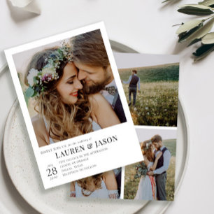 Modern Black and White 4 Photo Wedding Invitation